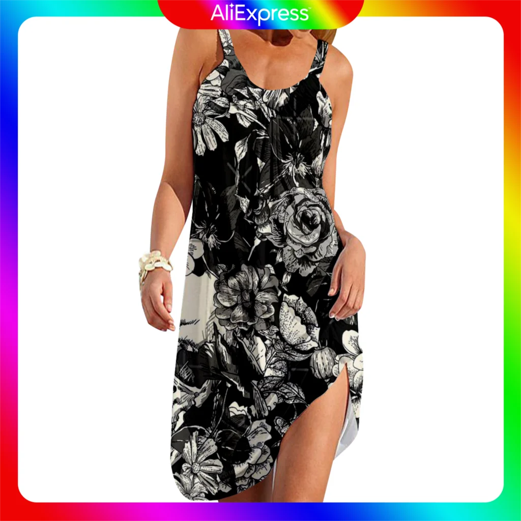 

Fashion Women Summer Beach Dress Rose Flower Print Bohemian Loose Sling Dresses Sleeveless A-Line Dresses Beachwear Sundress