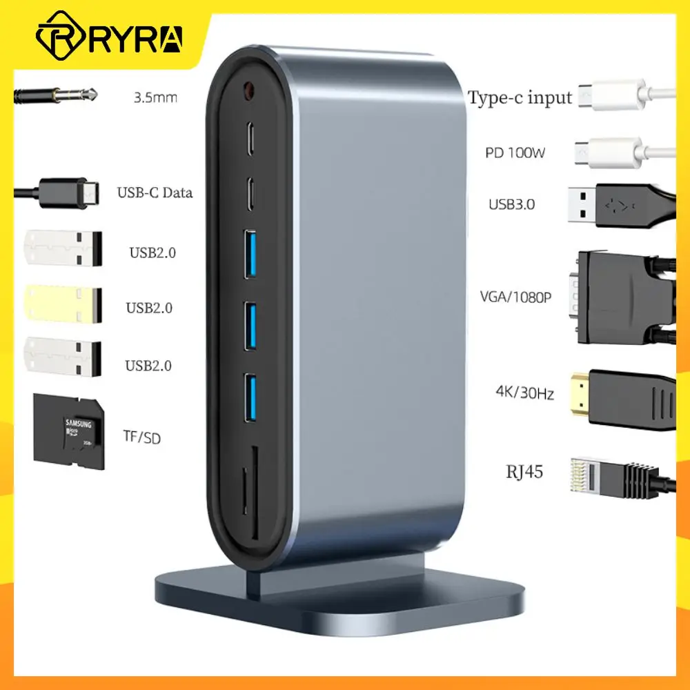 

RYRA 12 в 1 взаимный обмен данными между компьютером и периферийными устройствами Type-C концентратор HDMI с поддержкой 4K VGA адаптер RJ45 Lan Ethernet SD TF PD USB-C 3,0 3,5 мм аудио разъем док-станции