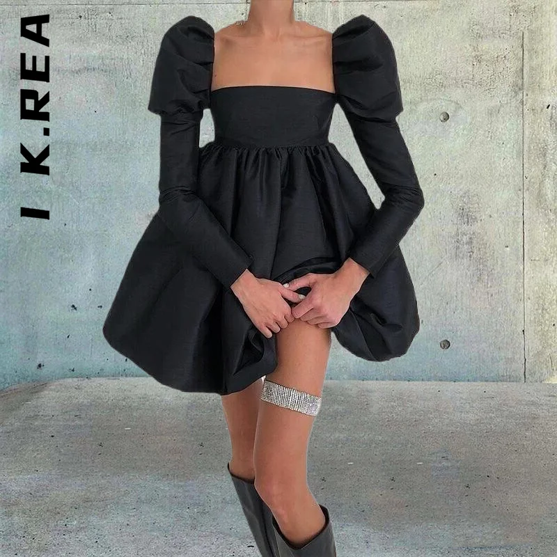 

I K.Rea Women Fashion Dress Basic Long Sleeve Pleated Ball Backless Mini Dress Vocation Style Dress Woman Female Vestidos