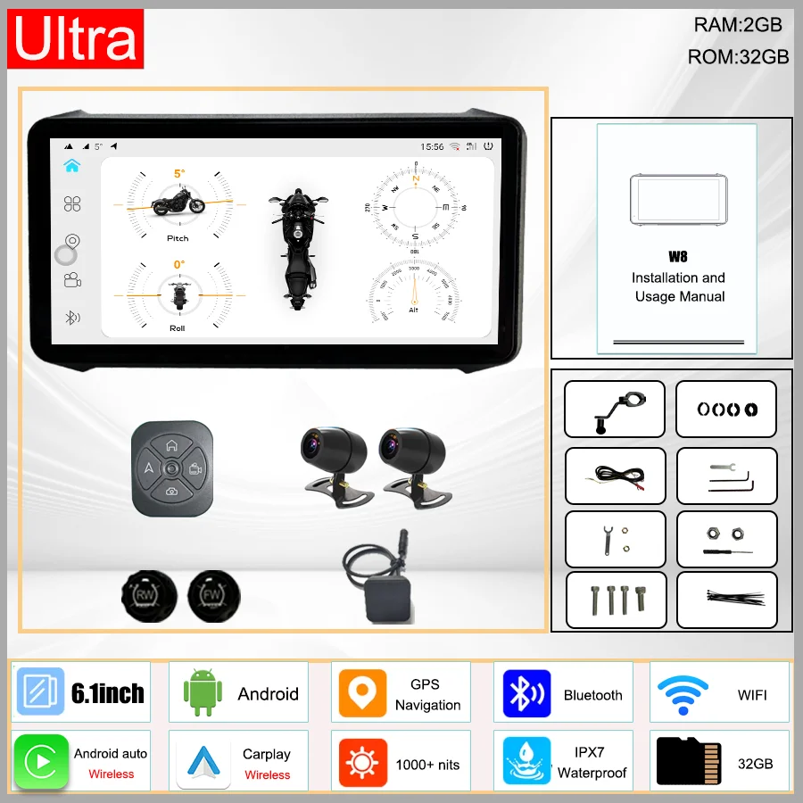 

6,1-дюймовый мотоциклетный Android 4G умный навигационный экран беспроводной Carplay IP67 водонепроницаемый видеорегистратор Android видеорегистратор