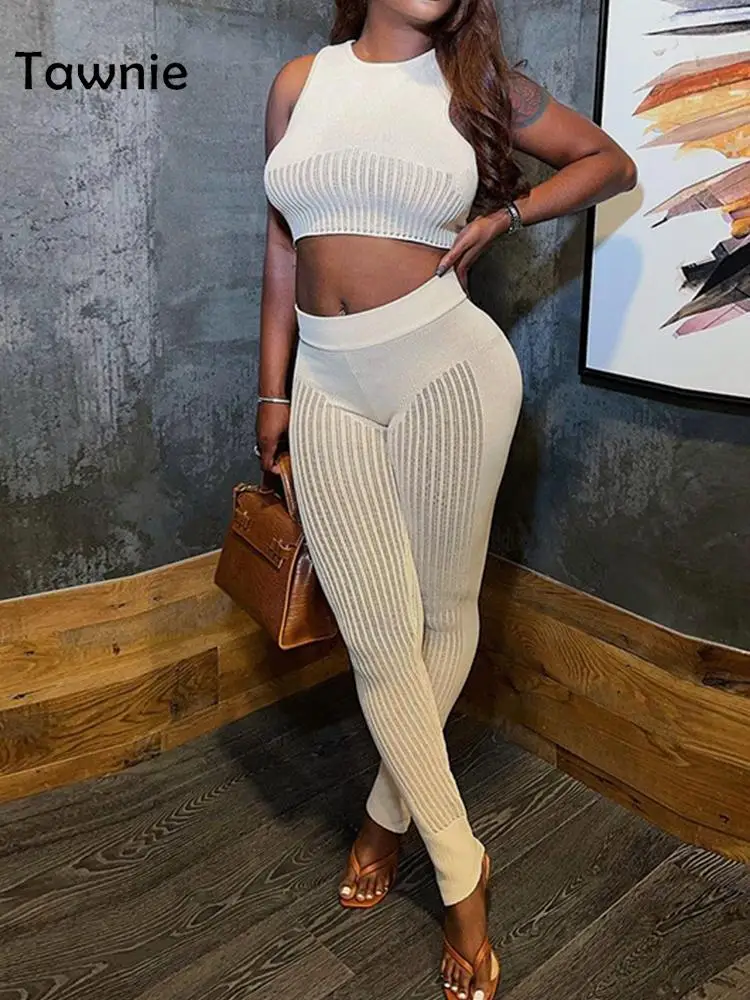 

Tawnie Casual Sleeveless Tank Top Striped Leggings See Through 2 Piece Set Women Skinny Matching Sets 2022 Summer Sports Suit
