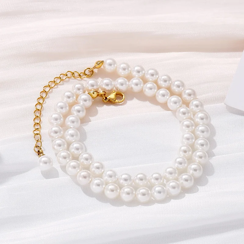 New 6mm Shell Imitation Pearl Beads Necklace For Women Gold Color Stainless Steel French Clavicle Neck Choker Wedding Jewelry