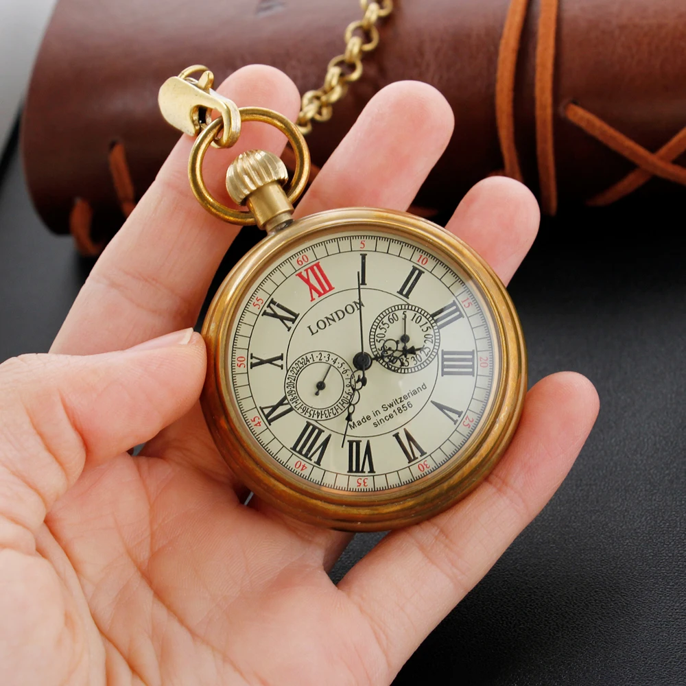 Vintage Bronze London Mechanical Pocket Watch High Quality Unisex Necklace Timing Pendant Mens and Women's Pocket Watch Renoj