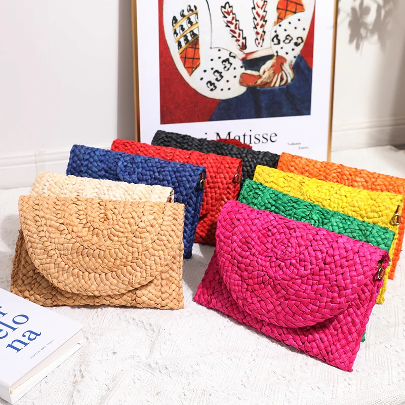 

Corn Husk Weave Dinner Clutch Bag Women's Fashion Simple Solid Straw Large Purse Woman Summer Casual Vacation Ladies Wallet 2023