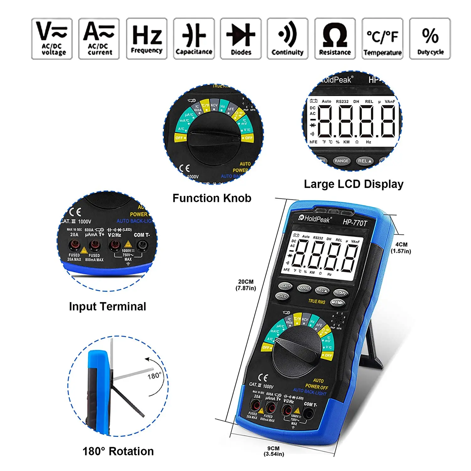 

HoldPeak HP-770T Digital Multimeter 6000 Counts TRMS DMM CATIII 1000V, Auto Ranging, Data Hold, NCV, AC/DC Amp Ohm Volt Meter
