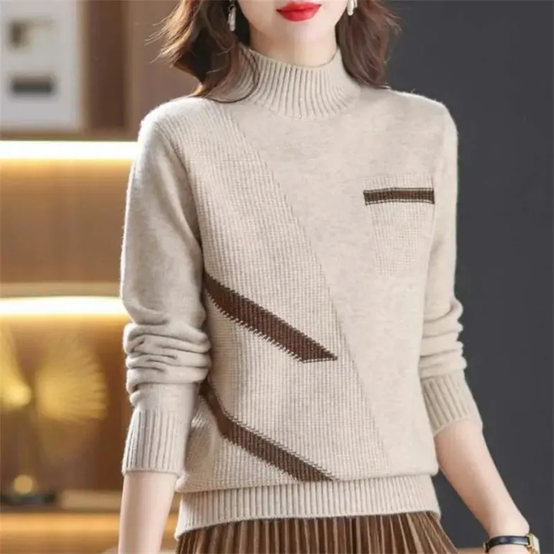 

Striped Long Sleeve Cashmere Pullover Women Half Turtleneck Autumn Winter Sweater Soft Thicken Jumper All Match Knitwear H037
