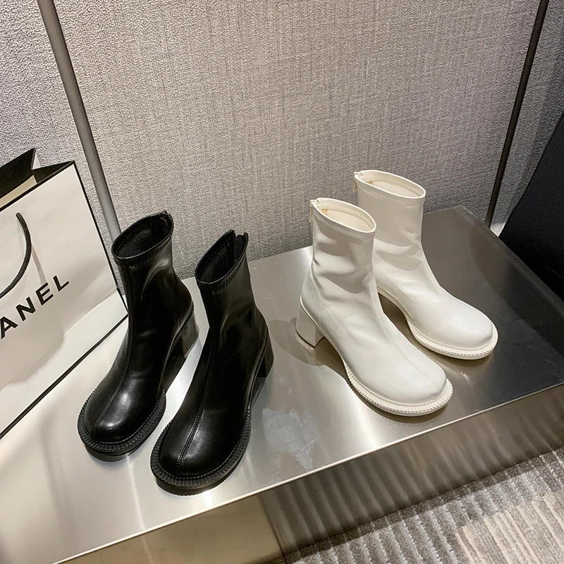 

Женские ботинки с большим носком, белые короткие ботинки на толстом каблуке и молнии сзади, ботинки на высоком каблуке с круглым носком для ...