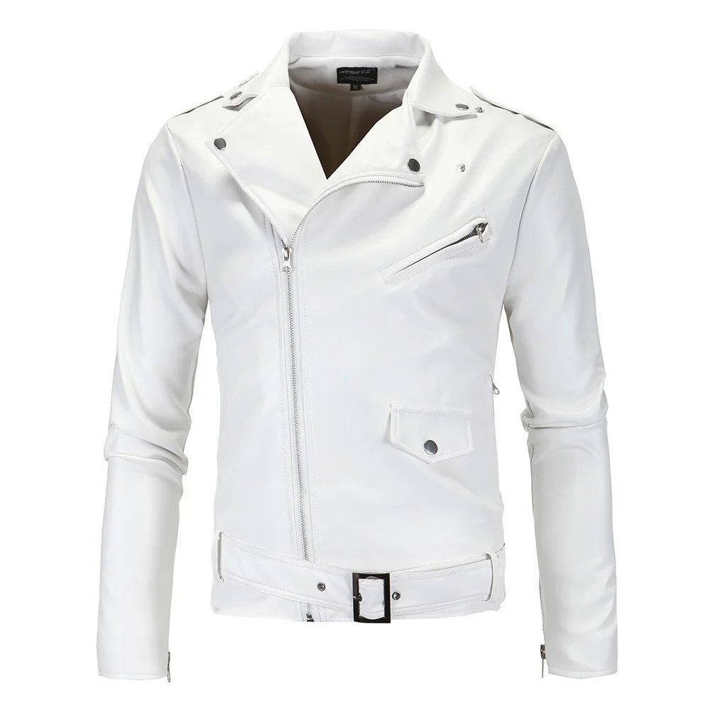 2023 New White Black Casual Lapel Slim Fit Diagonal Zipper Motorcycle Pu Leather Jacket Coat Mens Clothing
