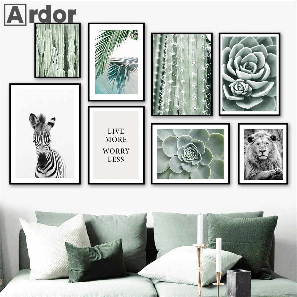 

Green Cactus Succulent Plant Leaves Wall Art Canvas Painting Nordic Lion Elephant Zebra Posters Prints Picture Living Room Decor