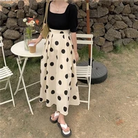 2021 vintage polka dot big swing a line skirts summer slimming high waist elasticity skirt women print long skirt casual female