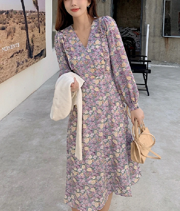 

Шикарное платье с оборками, весна-лето 2023, женское платье с V-образным вырезом и цветочным принтом, Свободные повседневные женские платья-миди с длинным рукавом, платье S802