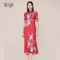 shop with a very high end elegant qipao printed red dress