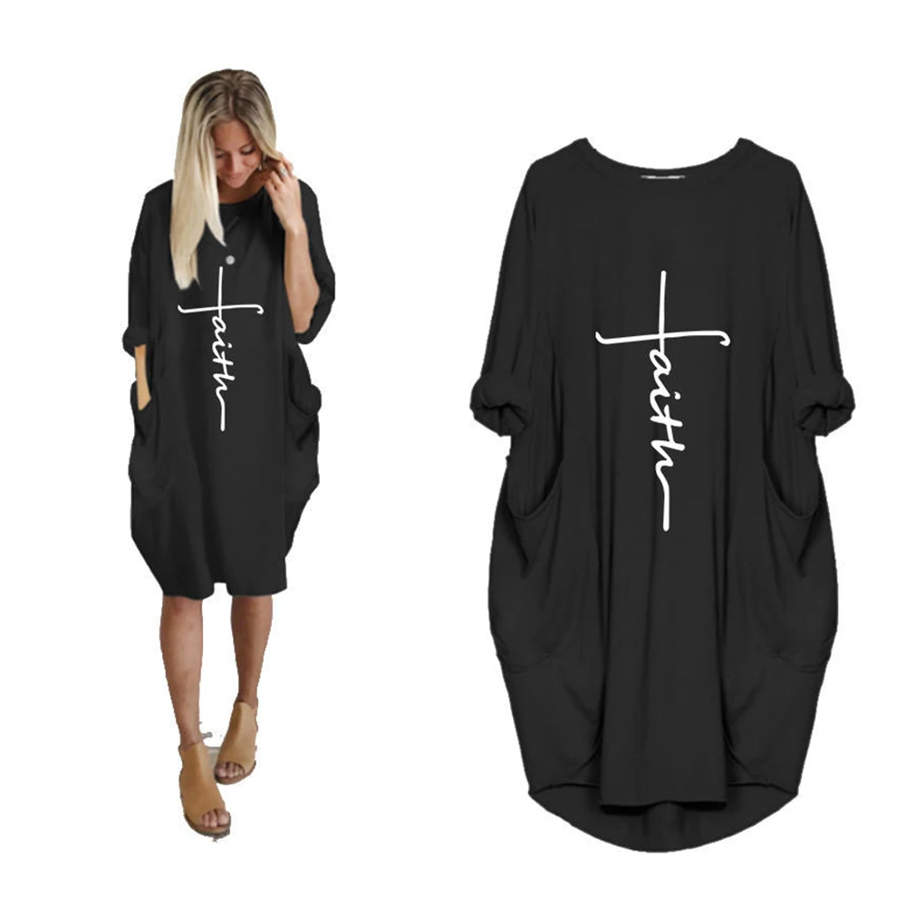 

CLOOCL Baggy T Shirt Dress Women Clothing Christian Faith Oversize Causal Loose Party Midi Dresses with Pockets Streetwear