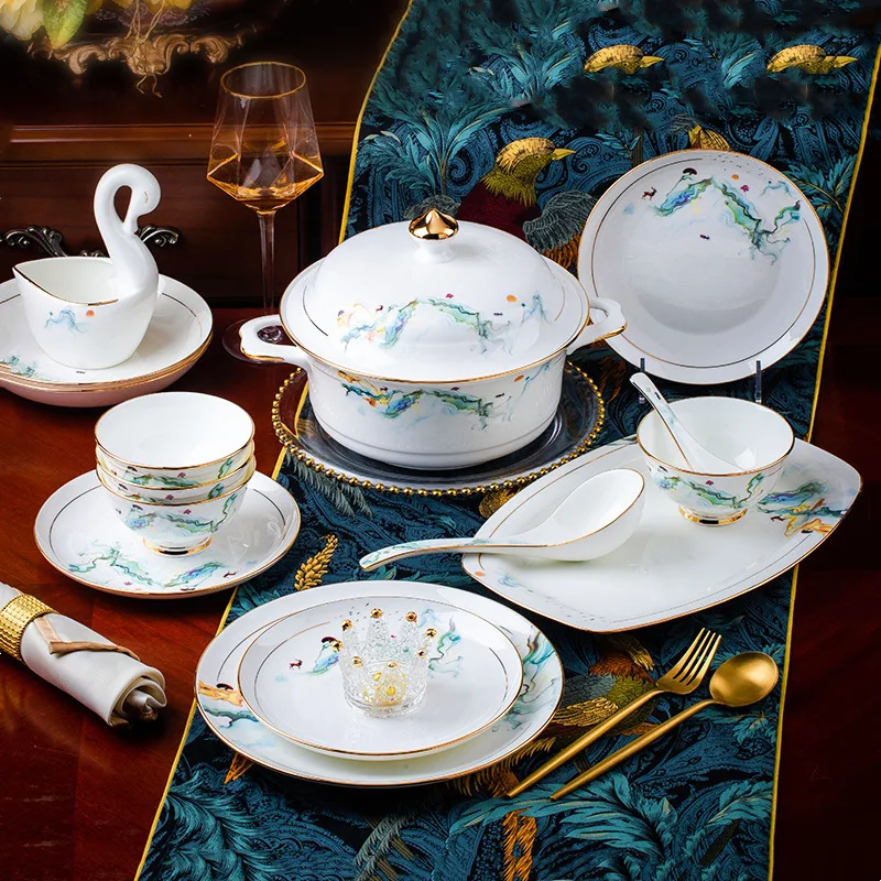 

Bowls, plates and chopsticks set Household Jingdezhen ceramic tableware Light luxury bone china dinner plate