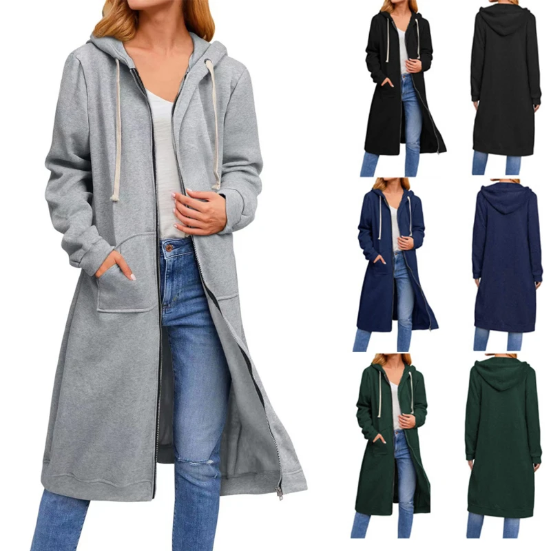 

2022 Autumn Casual Women Long Hoodies Sweatshirt Coat Zip Up Outerwears Hooded Jacket Winter Pockets Plus Size Outwear Tops