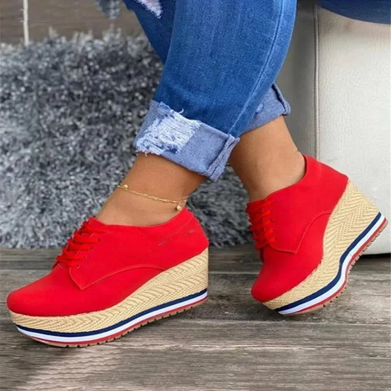 Vulcanize Shoes Women Sneakers Ladies Solid Color Wedge Thick Shoes Round Toe Lace-Up Comfortable Platform Sneakers 2021 Fashion