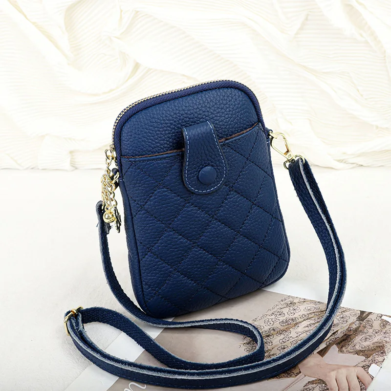 X9918 New Vertical Practical Diamond Pattern Top Layer Cow Leather Versatile Lady Single Shoulder Mobile Phone Crossbody Bags