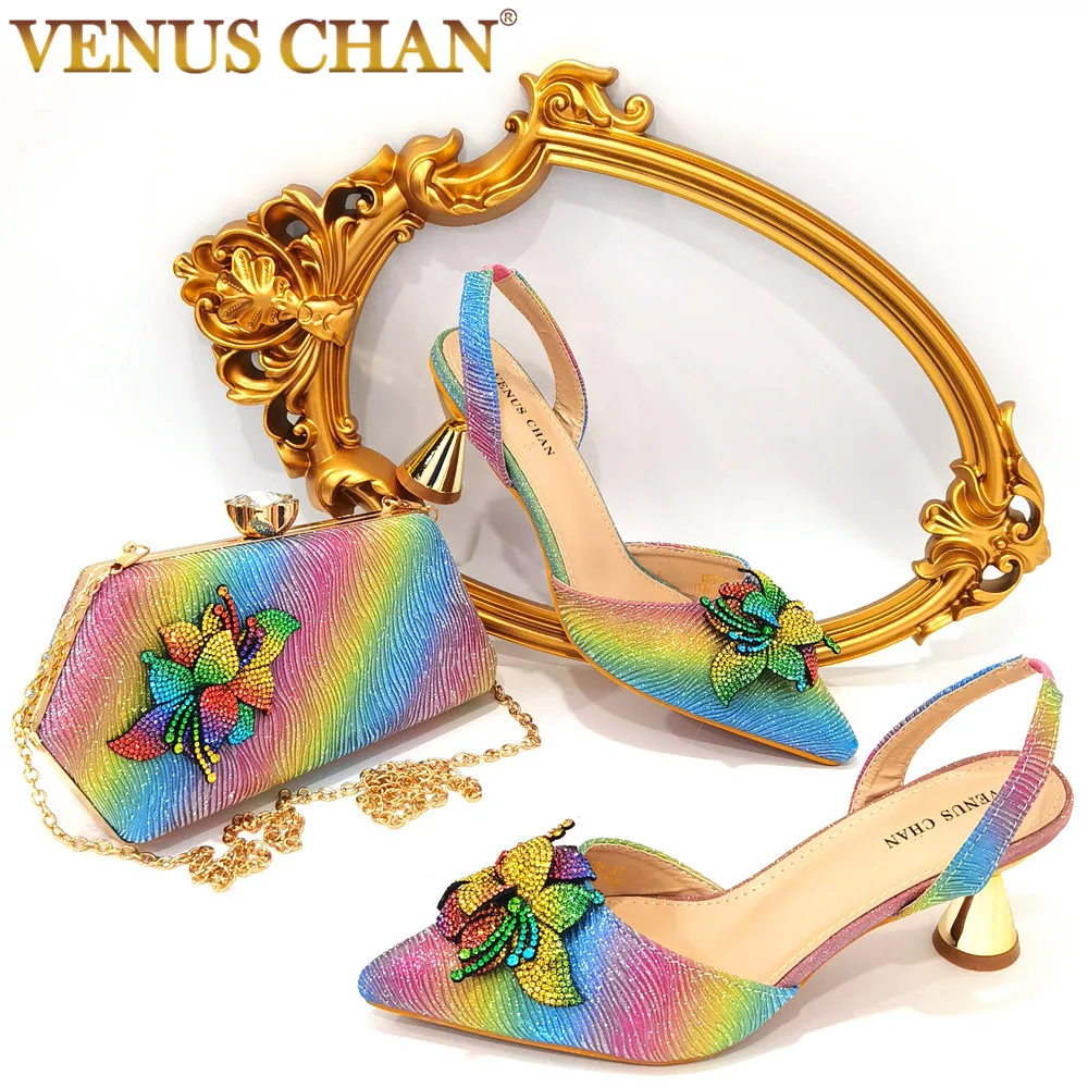 

Venus Chan 2022 High Quality Special Design Shoes and Bag Set in Rainbow Color Nigerian Women Pointed Toe Pumps for Garden Party