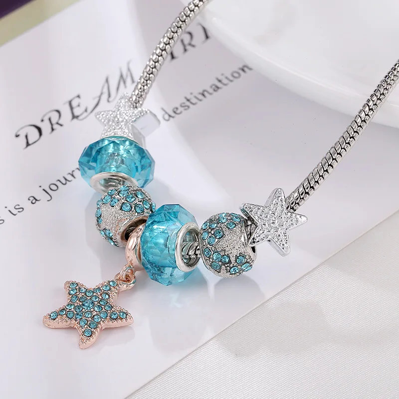 New Starfish Pendant Bracelet Female Star Point Diamond Beaded Diy Bracelet Female Blue Glass Jewelry Female
