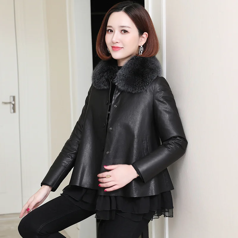 

2023Hot Sale Real Sheepskin Leather Jacket Women 90% White Duck Down Women's Winter Down Jackets Fox Fur Collar Coat Female Cas