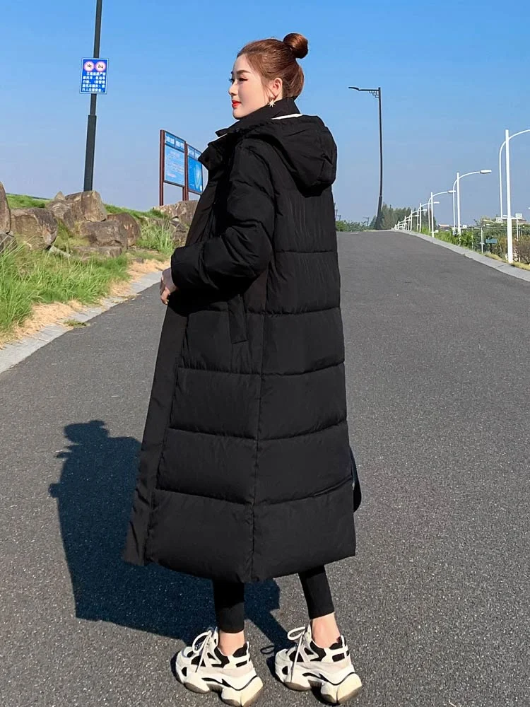 Parka Coat Extra Long Winter Jacket Women Hooded Pocket Zipper Female Lady Windbreaker Coat Casual Outwear Clothes