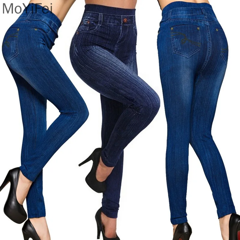 Women's Elastic Imitation Denim Tight Pants, High Waisted Slim Fitting Seamless Pencil Pants, Denim Casual Pants Sexy Elasticit