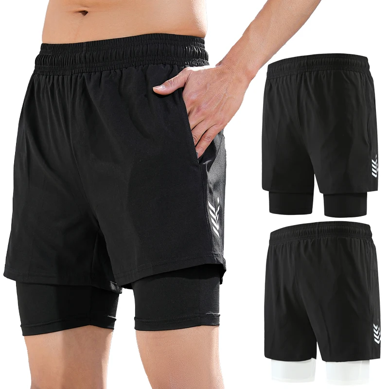 

Мужские шорты для бега 2 в 1, быстросохнущие пляжные бермуды с карманами для фитнеса, бодибилдинга, воркаута, летние спортивные штаны