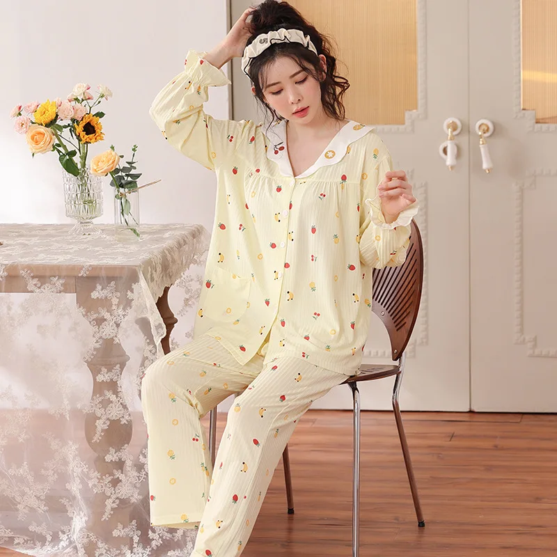 New Fresh Cotton Floral Sleepwear Women Spring Autumn Home Clothes Lapel Long Sleeve Shirt Pant Suit Female Pajamas M-4XL