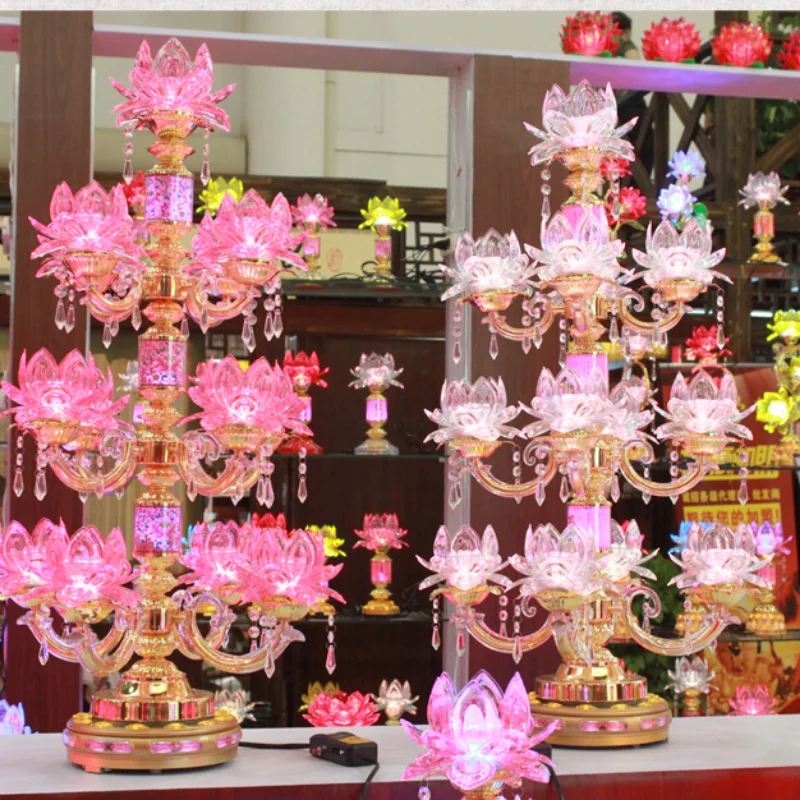 

Crystal Buddha LED Electronic Lotus Lamp 13 Colored Glass Lotus Buddhist Supply Temple Lamp