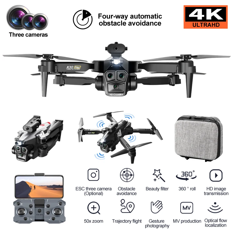 

EBOYU K10Max RC Drone WiFi FPV ESC 4K Three Cams w/ 4 sides Avoid Obstacle Optical Flow Altitude Hold RC Quadcopter Drone Toys
