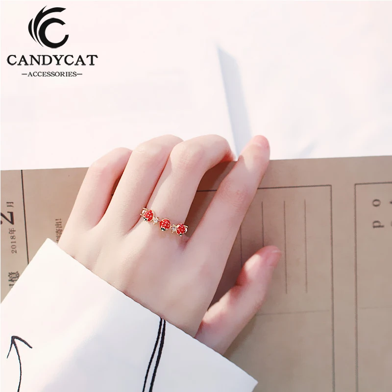

New Korean Red Strawberry Female Statement Exquisite Adjustable Rhinestone Opening Rings for Women Wedding Engagement Gifts