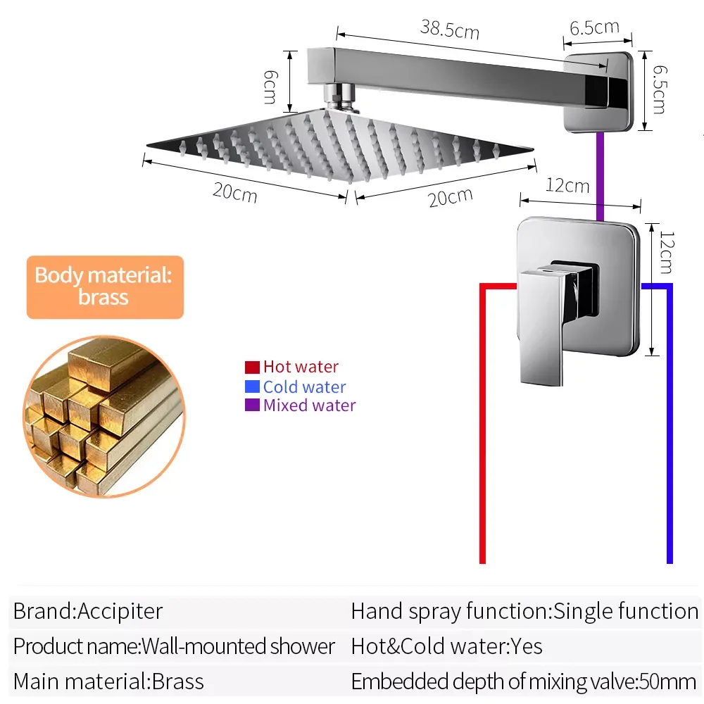 

2 Function Concealed Shower Faucet with 8 inch Ultra-Thin Rainfall Square Shower Head Bath Tap Mixer Shower head SS-004