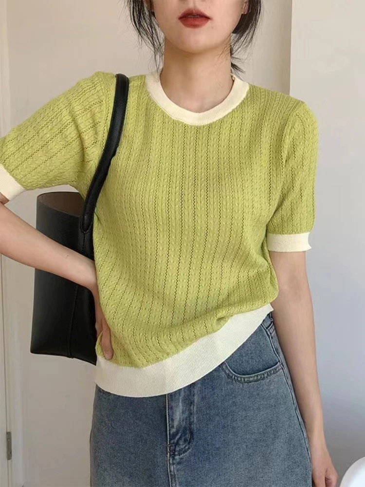 

Round neck casual short-sleeved knitted T-shirt top women thin summer new style women's knitted T-shirt women