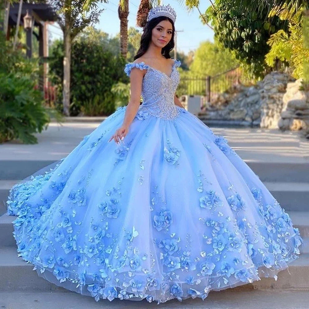Фото Синее бальное платье, платья для Quinceanera, платья для 15 лет, искусственный 3D цветок, Золушка, 16 дней рождения, платья принцессы №1