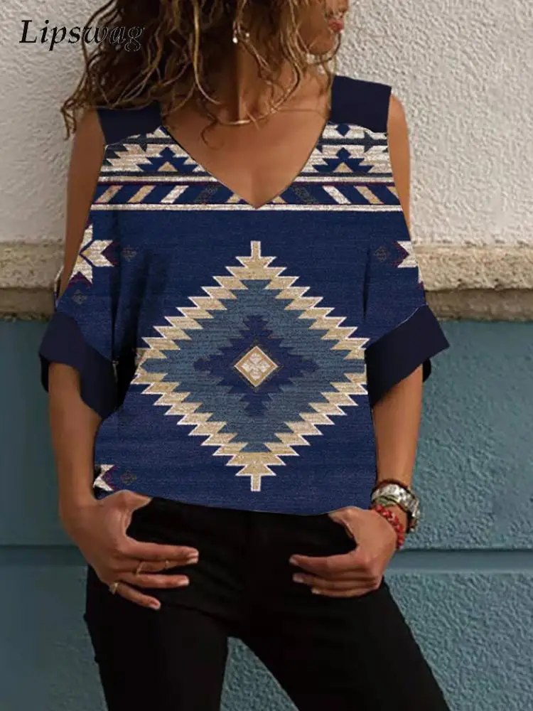 

Женская винтажная блузка с принтом, офисная блузка с V-образным вырезом и рукавом до локтя, лето 2022