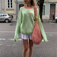 striped embroidered sweater long sleeve wave print oversized baggy sweartshirt autumn winter women fashion streetwear casual top