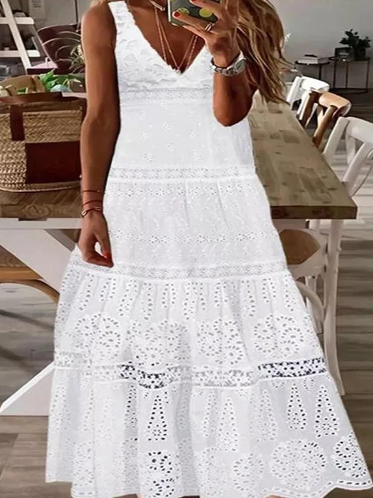 

Женское кружевное платье с V-образным вырезом, белое ажурное длинное платье в стиле бохо, офисное платье без рукавов на бретелях, весна-лето