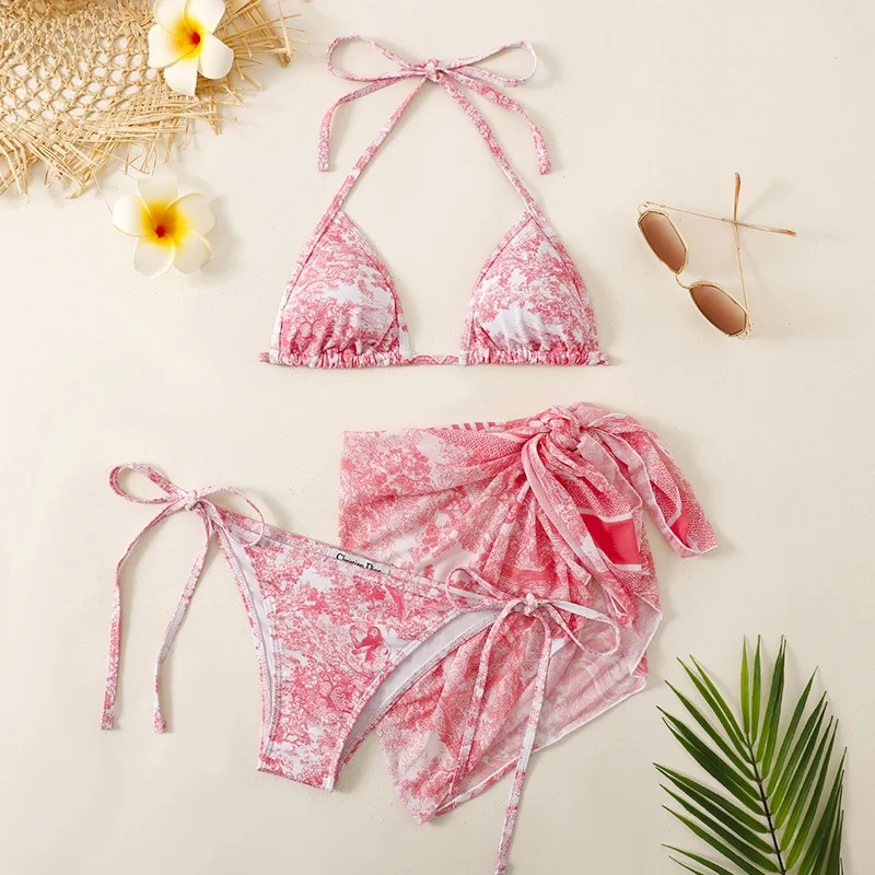 

The New Fashion Ink-painting Bikini Designer Swimwear Women's Pull-rope Three-piece Suit