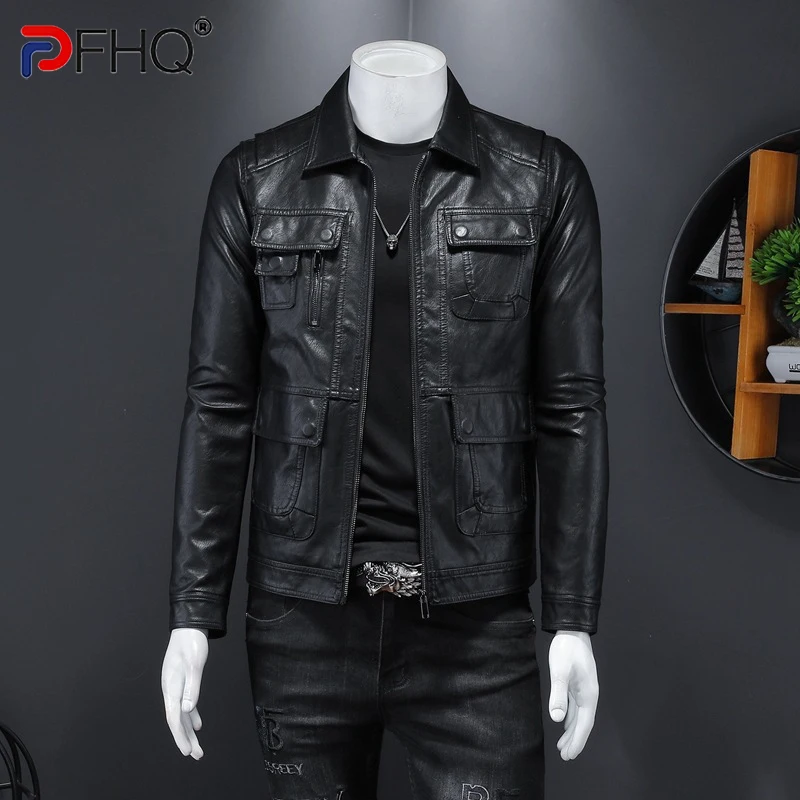 

Весна 2023, модная мотоциклетная куртка PFHQ из искусственной кожи, высококачественное пальто из искусственной кожи с лацканами, элегантная Ди...