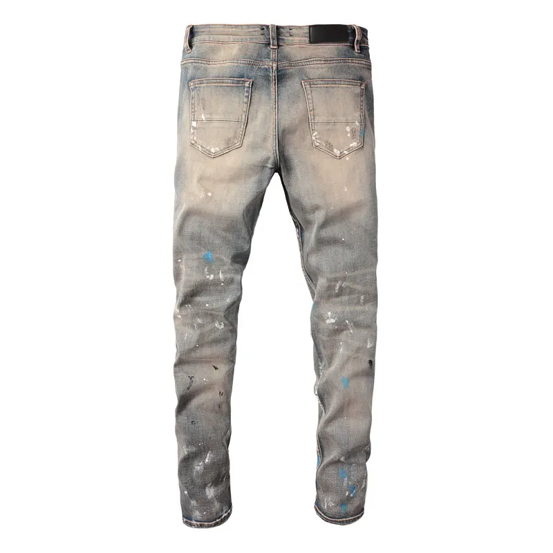 Streetwear Fashion Men Jeans Retro Washed Stretch Skinny Fit Hole Ripped Jeans Men Painted Designer Hip Hop Brand Pants Hombre