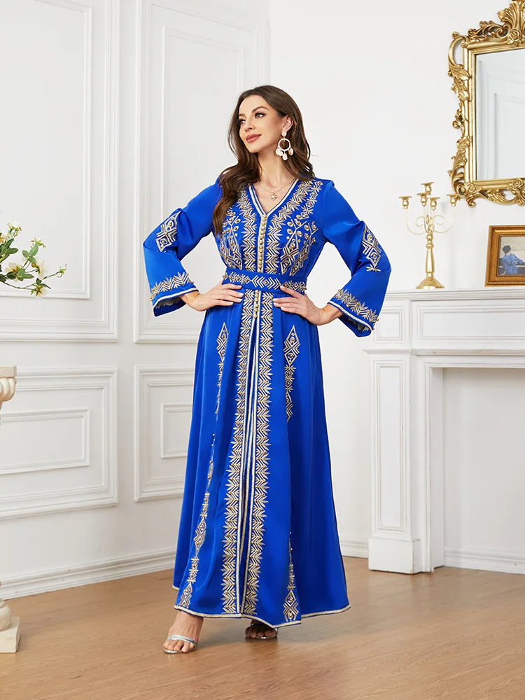 

Blue Morocco Kaftan Dubai Turkey Evening Long Dress for Wedding Party Ramadan Muslin 2 Pieces Set with Belt Sunday Pentecost