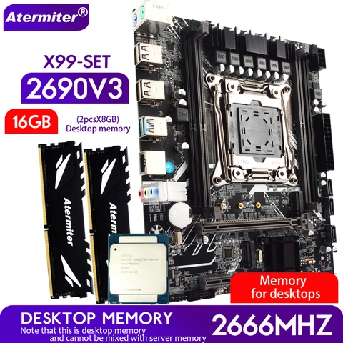 Материнская плата Atermiter X99 с комплектом, XEON E5 2690 V3, 16 ГБ, 2666 МГц (2*8 ГБ), DDR4, память для настольного компьютера, NVME NGFFF USB 3,0