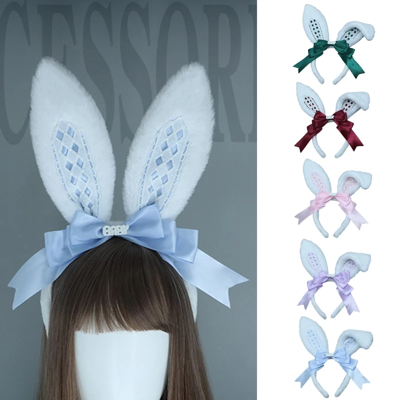 

Lolita Ruffled Headband Sweet Bunny Rabbit Ears Hair Hoop Anime Maid Cosplay Headdress Women Girls Bows Decor Plush Hairband