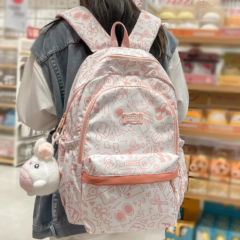 

Female Pink Travel Cartoon Print Book Bag Trendy Women Cute Leisure School Bags Girl Laptop Fashion Lady College Backpack Kawaii