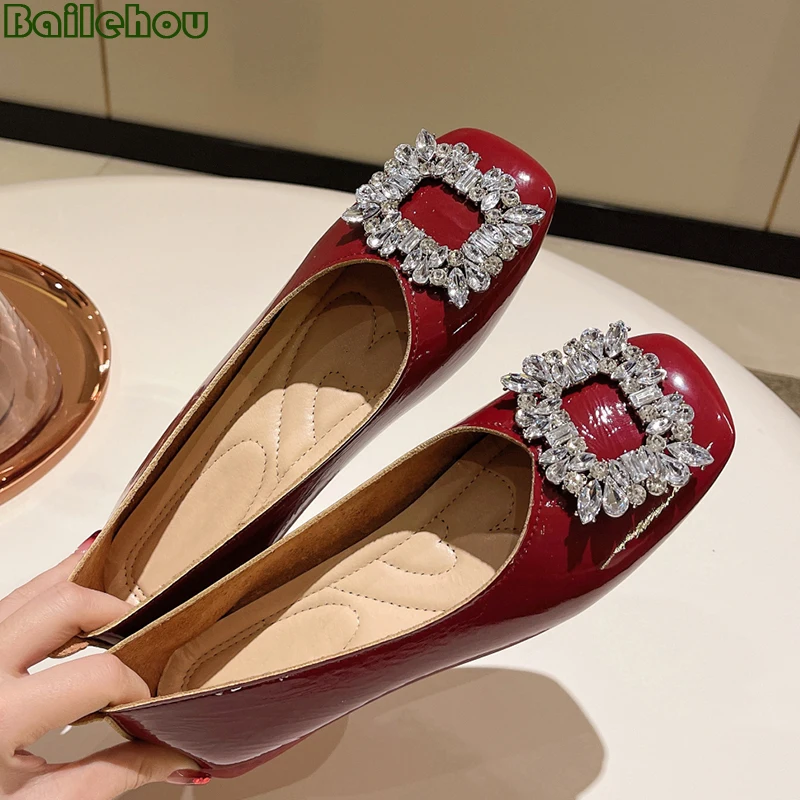 

Туфли Мэри Джейн, весна 2022, модные туфли с квадратным носком, классические туфли принцессы, стразы, средний каблук, красная мягкая подошва, л...