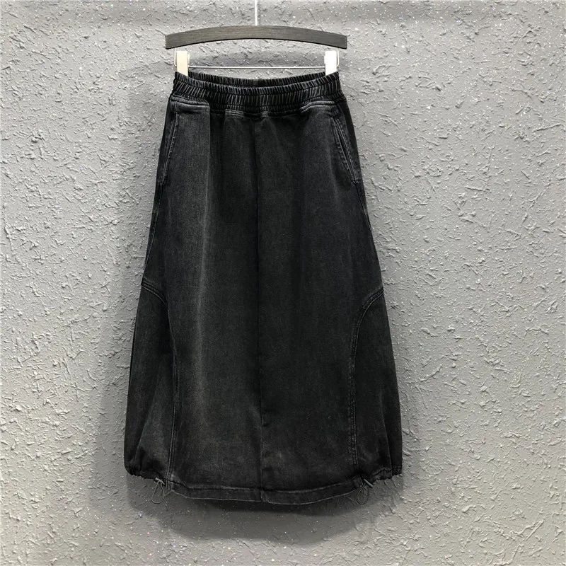 Mid-long Black Denim Skirt Women's European Leisure Elastic High Waist A-line Pockets Skirts 2022 Spring Summer New