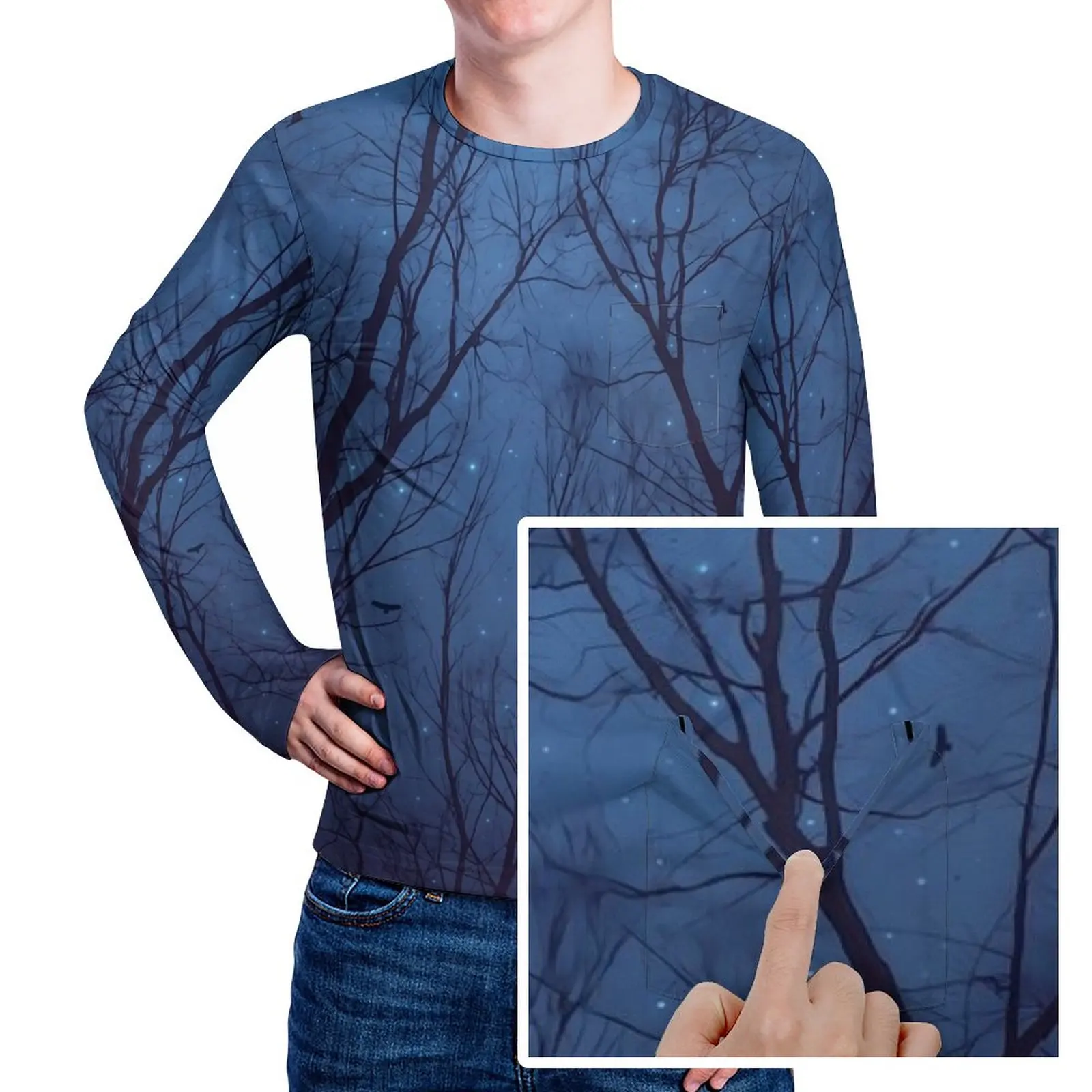 

Forest Print T-Shirt Loved The Stars Fashion T-Shirts With Pocket Long Sleeve Graphic Tops Daily Kawaii Oversized Top Tees