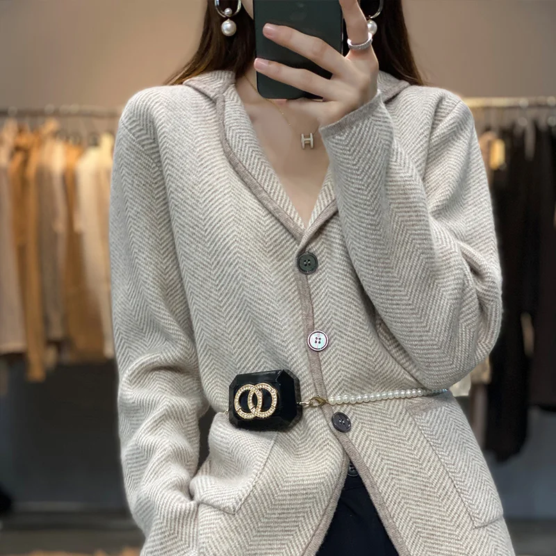 Cashmere Coat 2023 Winter Ladies Suit Collar Cardigan Casual Knitted Cardigan 100% Pure Wool Coat Slim Fashion Female Jacket