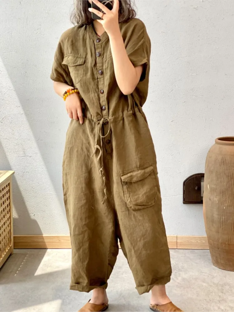 

Womens Linen Jumpsuits 2022 Summer Short Sleeve Vintage Pockets Loose Causal Female Ankle Length Pants