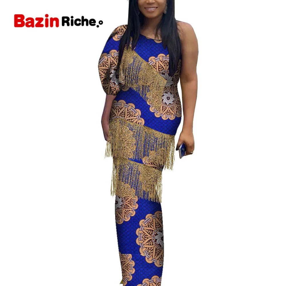 

Платье с Африканским принтом для женщин, длинное вечернее элегантное женское платье с золотой кисточкой, модель WY9737